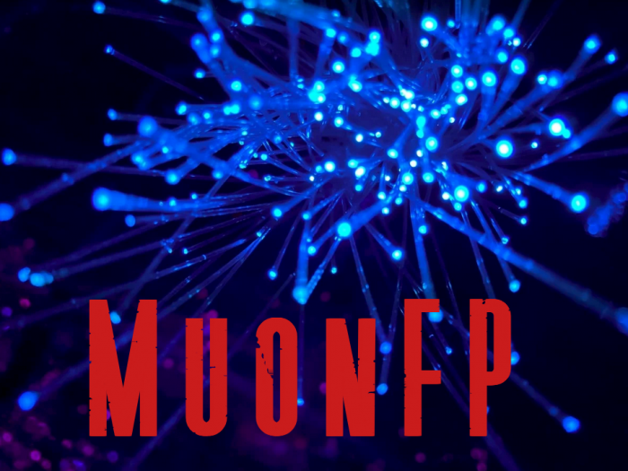 MuonFP logo with blue fiber optic cluster and bright red logo with MuonFP